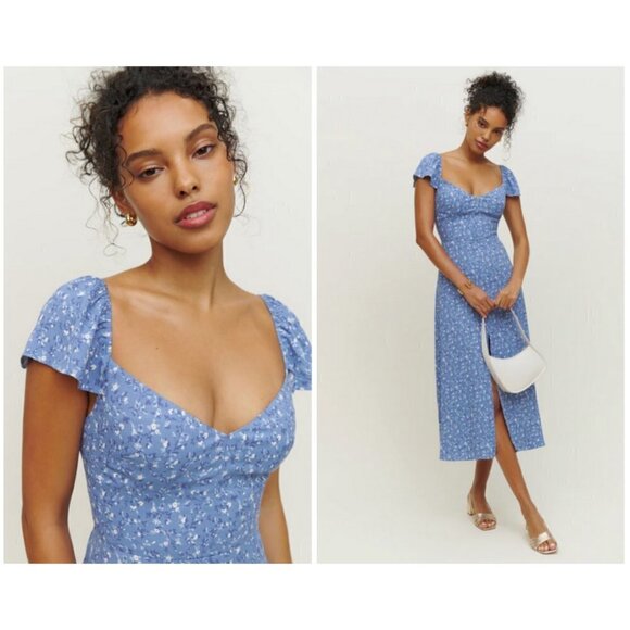💕REFORMATION💕 Baxley Dress ~ Sweetheart Neckline Eve Blue Floral Print 10 NWT - Picture 2 of 16